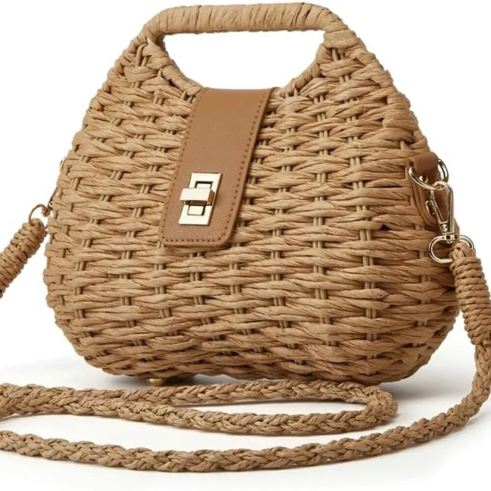 Women Straw Shoulder Handbag Summer Beach Tote Crossbody Chic Purse - Picture 2 of 9